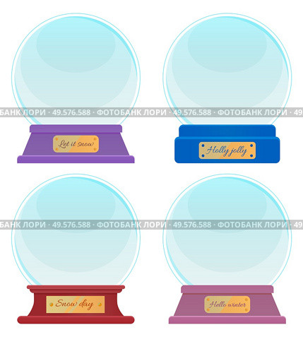 Holiday souvenirs with captions, hello winter and let it snow, snowy day and holly jolly. Four transparent spheres isolated on white. Empty snowglobe made of glass. Xmas round shaped toy, vector. Souvenir Made of Glass, Snow Globes with Captions. Стоковая иллюстрация, агентство Ingram Publishing / Фотобанк Лори