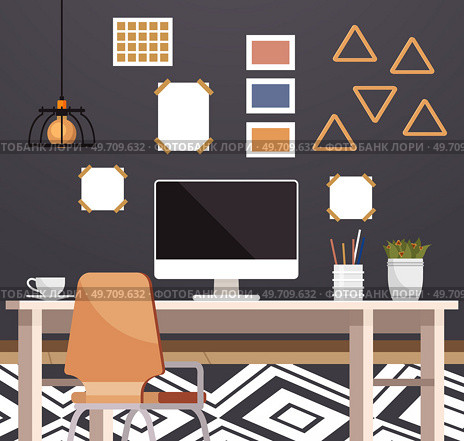 Home office. Interior vector illustration. Work from home. Rooms layout optimizes space for an efficient workflow Home office provides a quiet and conducive environment for work Furniture in workspace. Home office. Work from home. Office space into vibrant and creative hub Creating an inspiring workplace is crucial for. Стоковая иллюстрация, агентство Ingram Publishing / Фотобанк Лори