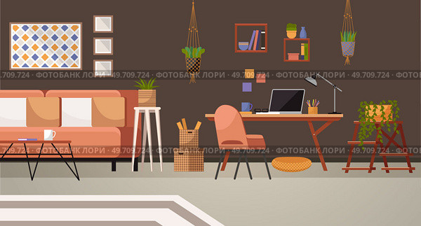 Home office. Interior vector illustration. Work from home. Room layout optimizes natural light for pleasant working environment Home office provides quiet retreat for focused and uninterrupted work. Home office. Work from home. Interior designer incorporated natural elements into rooms design Workspace individual work. Стоковая иллюстрация, агентство Ingram Publishing / Фотобанк Лори