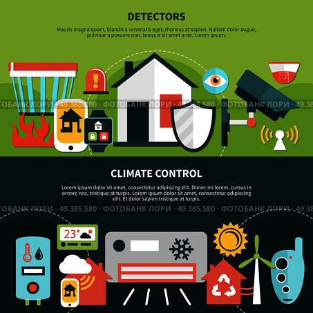 Home security banners with detectors, equipment for climate control on green and black background isolated vector illustration . Home Security Banners. Стоковая иллюстрация, агентство Ingram Publishing / Фотобанк Лори