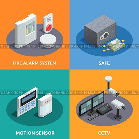 Home Security Isometric 4 Icons Square. Home security 4 isometric icons square with motion sensor fire alarm system and cctv abstract isolated vector illustration . Стоковая иллюстрация, агентство Ingram Publishing / Фотобанк Лори