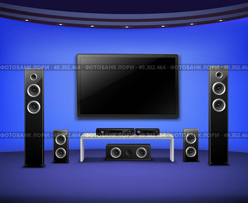Home Theater Realistic Interior Concept. Home theater realistic interior concept with attached to the wall tv acoustic speakers and video player vector illustration. Стоковая иллюстрация, агентство Ingram Publishing / Фотобанк Лори