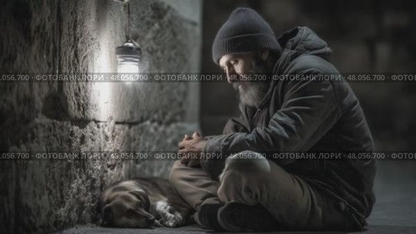 Homeless man praying with his dog under a street lamp. Стоковое AI-видео, аниматор Юрий Поздников / Фотобанк Лори