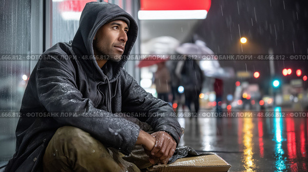 Homeless man sitting on cardboard seeking shelter from rain at night. Стоковое AI-изображение, AI-художник Юрий Поздников / Фотобанк Лори