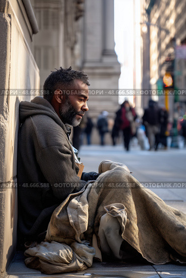Homeless man sitting on sidewalk in city center. Стоковое AI-изображение, AI-художник Юрий Поздников / Фотобанк Лори