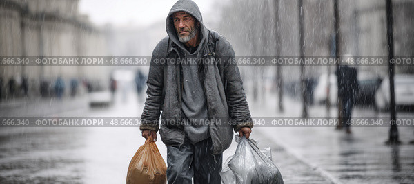 Homeless man walking in the rain carrying plastic bags. Стоковое AI-изображение, AI-художник Юрий Поздников / Фотобанк Лори