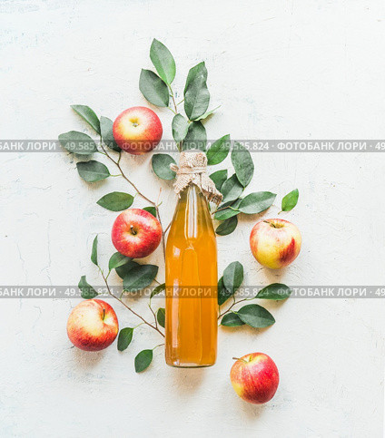 Homemade apple vinegar in glass bottle with apples and green leaves on white background. Top view. Стоковое фото, агентство Ingram Publishing / Фотобанк Лори