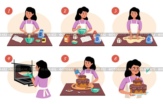 Homemade cooking infographics scheme with charming girl and six steps to prepare the finished product flat vector illustration. Homemade Cooking Infographics Scheme. Стоковая иллюстрация, агентство Ingram Publishing / Фотобанк Лори