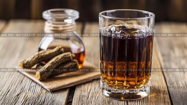 Homemade Root Beer Elixir with Herbs and Spices. Стоковое AI-изображение, AI-художник Данила Большаков / Фотобанк Лори