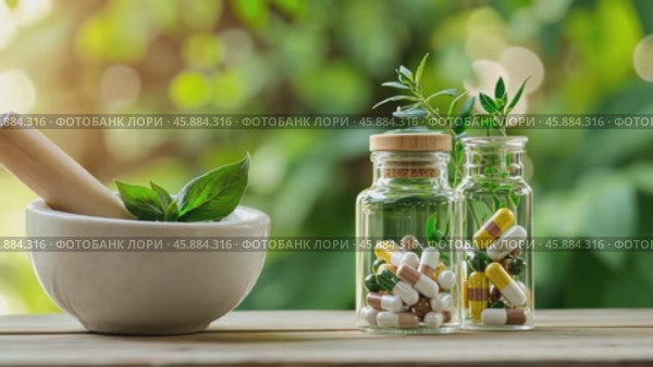 Homeopathic granules, natural organic essence and healing herbs on a wooden tray. Alternative medicine and homeopathy. Bottle with eco aroma oil, small crystal bio pills globules. Copy space for text. Стоковое AI-видео, аниматор Марина Демидюк / Фотобанк Лори