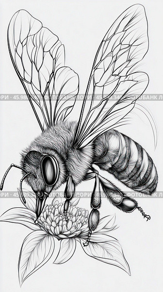 Honey bee flying and pollinating flower in detailed black and white illustration. Стоковое AI-изображение, AI-художник Юрий Поздников / Фотобанк Лори