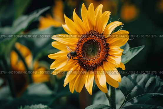Honey bee pollinating sunflower in bloom during summer. Стоковое AI-изображение, AI-художник Иван Рябоконь / Фотобанк Лори