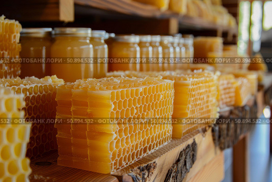 Honeycombs and jars of fresh honey resting on wooden shelves in a honey shop. Стоковое AI-изображение, AI-художник Иван Рябоконь / Фотобанк Лори