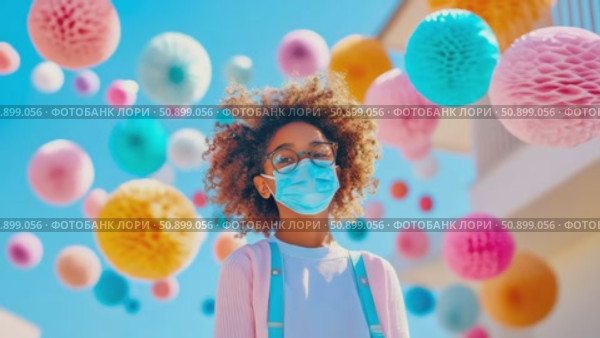 Hopeful youth with curly hair and spectacles, wearing a light blue protective face covering, surrounded by a whimsical array of buoyant, brightly hued spheres under an azure sky. Стоковое AI-видео, аниматор Данила Большаков / Фотобанк Лори
