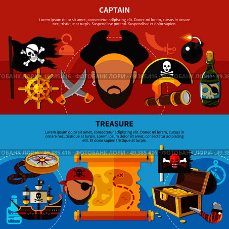 Horizontal cartoon banners with pirate treasure, bearded captain with accessories, isolated on red blue background vector illustration . Pirate Captain Cartoon Banners. Стоковая иллюстрация, агентство Ingram Publishing / Фотобанк Лори