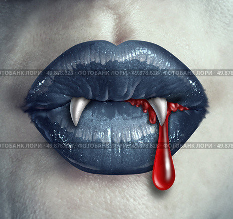 Horror Vampire bloody teeth and fangs with a gothic style female with black lips and human liquid blood dripping from the mouth against ghost like white skin as a demon concept and Halloween symbol of mystery and spooky fantasy. Стоковое фото, агентство Ingram Publishing / Фотобанк Лори