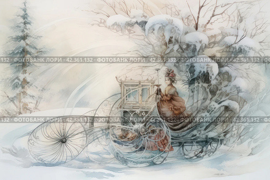 Horse-drawn carriage in the winter forest. Watercolor painting. Стоковое AI-изображение, AI-художник Анна Кривицкая / Фотобанк Лори