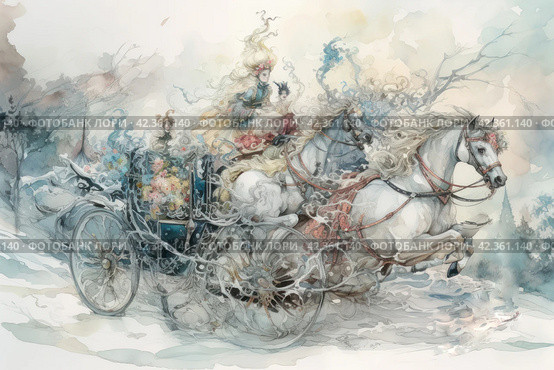 Horse-drawn carriage in the winter forest. Watercolor painting. Стоковое AI-изображение, AI-художник Анна Кривицкая / Фотобанк Лори