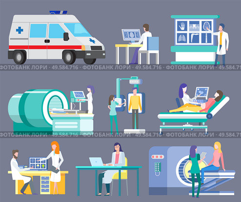 Hospital and clinics vector, isolated ambulance and doctors in laboratory. Working doc, ct computed tomography and scanning of patients roentgen scan. CT Computed Tomography Medicine Hospital Set. Стоковая иллюстрация, агентство Ingram Publishing / Фотобанк Лори