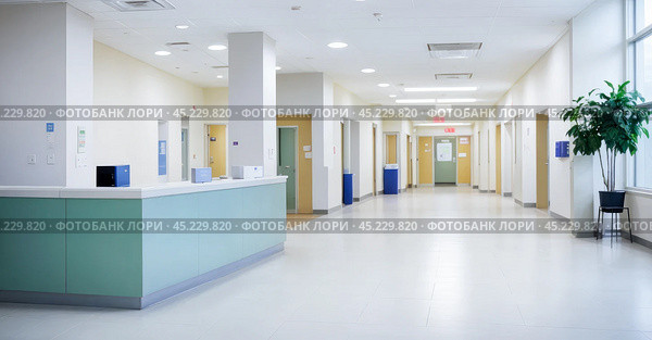 Hospital hallway, reception clinic background. luxury hospital corridor. Blur clinic interior background with defocused effect. Healthcare and medical concept. Стоковое AI-изображение, AI-художник Павел Муравьев / Фотобанк Лори