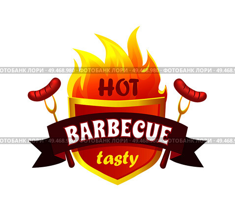 Hot barbecue tasty sausages isolated icon vector. Ribbon with text and frankfurters on forks. Fire flames with wurst and beagle, roasted cooked meal. Hot Barbecue Tasty Sausages Vector Illustration. Стоковая иллюстрация, агентство Ingram Publishing / Фотобанк Лори