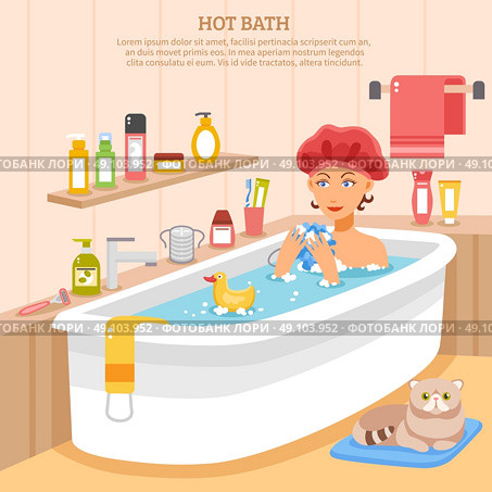 Hot Bath Poster. Hot bath poster with woman in soapy water cat on mat and hygiene items vector illustration. Стоковая иллюстрация, агентство Ingram Publishing / Фотобанк Лори