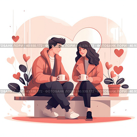 Hot drinks and the concept of love. A young loving smiling couple, a man and a woman, are sitting holding cups of hot tea or coffee in their hands. Generated by AI. Стоковое AI-изображение, AI-художник Ярославский Максим / Фотобанк Лори