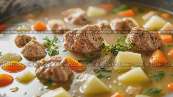 Hot stew simmering with vegetables and herbs. Стоковое AI-видео, аниматор Юрий Поздников / Фотобанк Лори