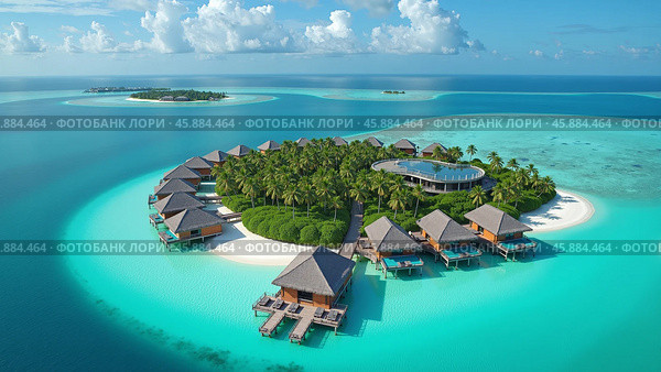 Hotel from a group of bungalows on the water on a caral island in a delightful turquoise lagoon. Copy space. AI generative. Стоковое AI-изображение, AI-художник Роман Дзюбало / Фотобанк Лори