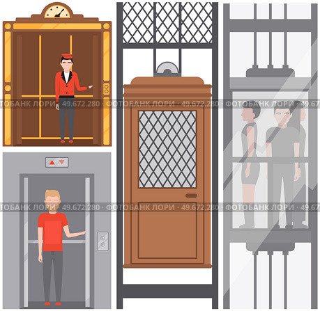 Hotel lift cabine, retro and modern elevators with passengers set. Single cabins with lifting mechanism. Elevator for transporting people. Mechanical hoist, passenger transport vector illustration. Hotel lift cabine, retro and modern elevators with passengers set. Single cabins for lifting people. Стоковая иллюстрация, агентство Ingram Publishing / Фотобанк Лори