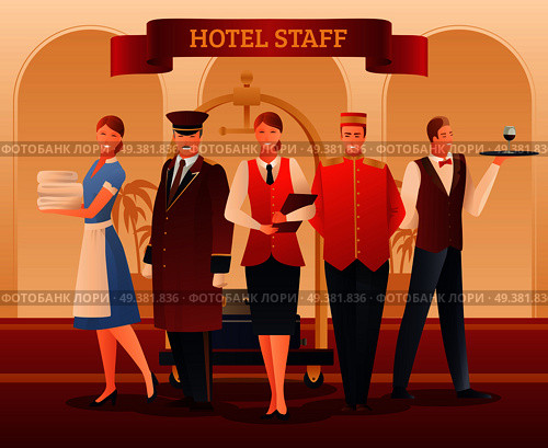 Hotel smiling staff flat gradient composition with administrator, porter, waiter, doorman and maid vector illustration . Hotel Staff Flat Composition. Стоковая иллюстрация, агентство Ingram Publishing / Фотобанк Лори