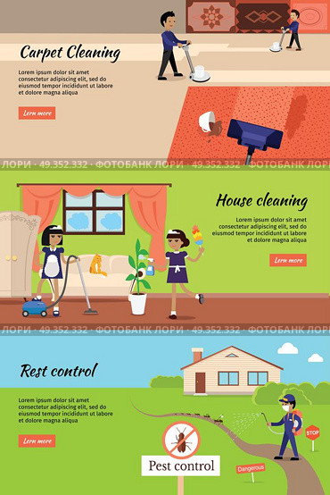 House Cleaning, Pest Control, Cleaning Carpet. House cleaning, pest control, cleaning carpet banners. Housework and cleaner service, domestic cleaning work, housekeeping wash and cleaning, washing and housecleaning, disinfectant pests illustration. Стоковая иллюстрация, агентство Ingram Publishing / Фотобанк Лори
