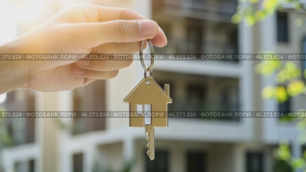House Keys. Keys from new housing, dwellings among blurred real estate, apartment building. Relocation. Open entrance door, house shaped keychain. Door Keyring. Real estate, agent, insurance, property. Стоковое AI-видео, аниматор Марина Демидюк / Фотобанк Лори