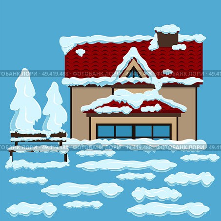 House with two floors, red roof, beige wall, french and triangular windows and wooden brown bench near under white snow on light blue background. Vector illustration of snowy winter weather.. House with Red Roof and Bench near under Snow. Стоковая иллюстрация, агентство Ingram Publishing / Фотобанк Лори