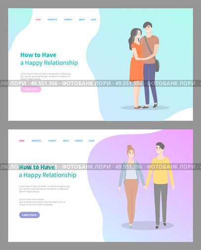 How to build happy relationship vector, people in love enjoying time spent together, male and female walking happily, man and woman caring. Website or webpage template, landing page flat style. How to Build Happy Relationship Couples Walking. Стоковая иллюстрация, агентство Ingram Publishing / Фотобанк Лори