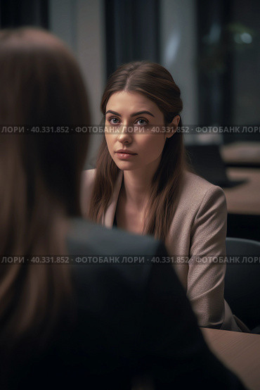 HR-менеджер проводит интервью с девушкой - соискательницей. Стоковое AI-изображение, AI-художник Татьяна Бакуменко / Фотобанк Лори