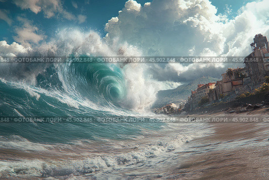 Huge ocean wave crashing on the shore near a city, dramatic sky with clouds, concept of tsunami, natural disaster, climate change and global warming. Стоковое фото, фотограф Ольга Ильина / Фотобанк Лори