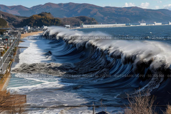 Huge tsunami waves crashing on coastal city, causing destruction and flooding. Стоковое AI-изображение, AI-художник Иван Рябоконь / Фотобанк Лори