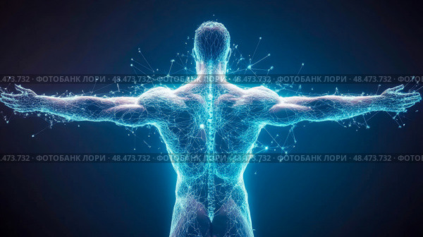 Human Anatomy Connectivity: Artistic exploration of the nervous system and skeletal structure, glowing in blue as an abstract network visualization. Стоковое AI-изображение, AI-художник Данила Большаков / Фотобанк Лори
