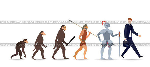 Human evolution stages. Evolutionary process and gradual development visualization from monkey or primate to businessman dressed in suit carrying briefcase. Flat cartoon colorful vector illustration. Стоковая иллюстрация, агентство Ingram Publishing / Фотобанк Лори