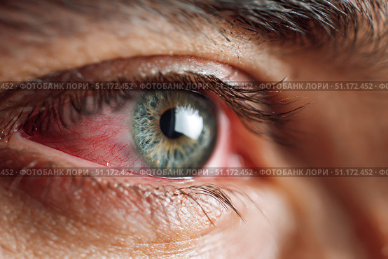 Human Eye with Conjunctivitis extreme close up. Closeup irritated infected red bloodshot eye. Male Eye. Vision. Eyesight. Adult Pain Eye Opening Wide. Viral infection with redness of eyeball. Macro. Стоковое AI-изображение, AI-художник Марина Демидюк / Фотобанк Лори