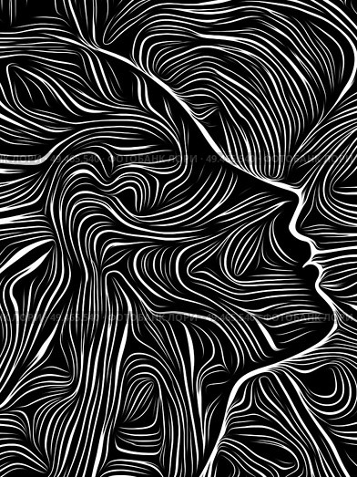 Human face profile integrated in black and white woodcut pattern. On subject of the mind, consciousness, reason and human drama. Black and White Poetry series. Стоковое фото, агентство Ingram Publishing / Фотобанк Лори