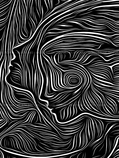 Human face profiles united by swirling woodcut pattern on subject of relationships, love, romance and friendship. Traditional Media series. Стоковое фото, агентство Ingram Publishing / Фотобанк Лори