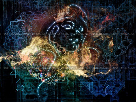 Human Geometry series. Composition of lines of human face, fractal elements and symbols on the subject of science, philosophy, metaphysics and modern technology. Стоковое фото, агентство Ingram Publishing / Фотобанк Лори