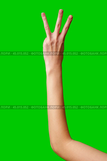 Human Hand Displaying the Number Three Against a Solid Green Background. Стоковое фото, фотограф Сергей Толмачёв / Фотобанк Лори