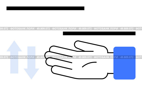 Human hand, parallel lines above, blue sleeve, arrows indicating motion below. Ideal for measuring, gesture, communication, instruction direction spatial understanding interaction. Line metaphor. Hand Gesturing Measurements with Parallel Lines and Arrows Indicating Motion. Стоковая иллюстрация, агентство Ingram Publishing / Фотобанк Лори