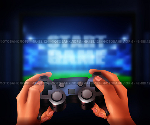 Human hands holding controller and starting video game on big screen realistic vector illustration. Стоковая иллюстрация, агентство Ingram Publishing / Фотобанк Лори