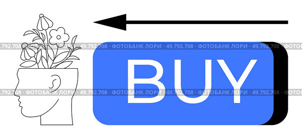 Human head filled with flowers facing blue Buy button with left arrow. Ideal for consumerism, e-commerce, marketing, psychology, decision-making, shopping behavior, digital advertisements. Line. Conceptual Illustration of Consumerism with Human Head and Blue Buy Button. Стоковая иллюстрация, агентство Ingram Publishing / Фотобанк Лори