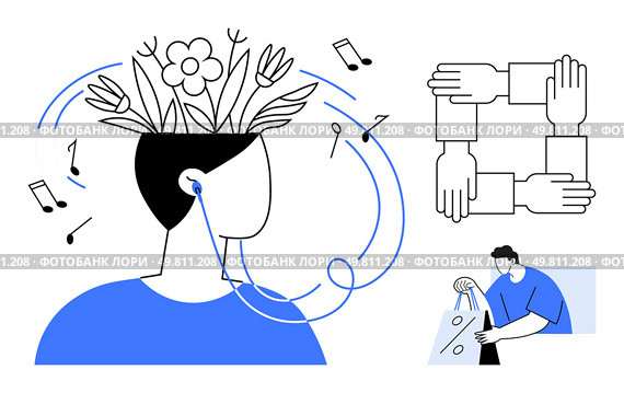 Human head with blooming flowers, music notes around, four hands interlocked, individual holding shopping bags. Ideal for creativity, teamwork, relaxation, personal growth, mental health shopping. Human head with blooming flowers, music notes, teamwork symbol, and person holding shopping bags. Стоковая иллюстрация, агентство Ingram Publishing / Фотобанк Лори