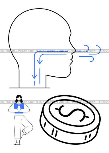 Human head with blue airflow arrows, woman in yoga tree pose, coin with dollar sign suggesting health and wealth balance. Ideal for wellness, mindfulness, meditation, finance, health, balance. Human head with breathing arrows, yoga pose girl, and coin with dollar sign representing wellness and prosperity. Стоковая иллюстрация, агентство Ingram Publishing / Фотобанк Лори